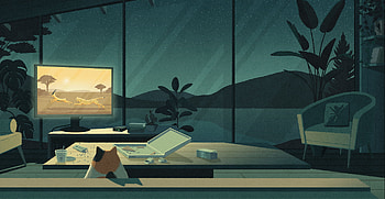 Serene Nightscape : Cozy Calm with a Cat's View HD wallpaper