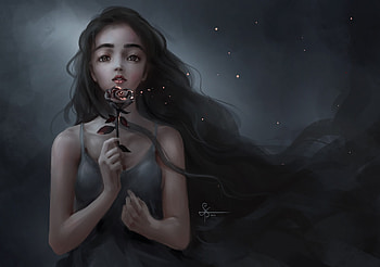 Burning rose, rose, black, fantasy, art, girl, naryu art, burning, dark HD wallpaper
