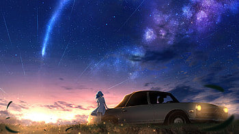 Anime Girl Dreamy Car Under Shooting Stars, anime-girl, dreamy, car, stars, sky, artist, artwork, art, digital-art, pixiv HD wallpaper