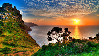 Exmoor, Devon, England, sunset, sea, coast, landscape, trees, colors, sky, sun HD wallpaper