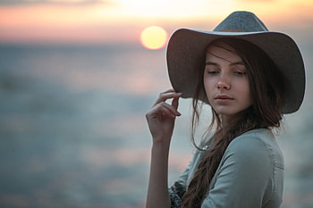 the girl at sunset, brown-haired, braid, girl, sun, hat HD wallpaper