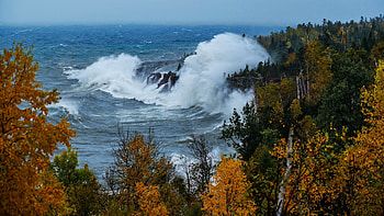Autumn Storm at the Coast, sky, waves, rocks, sea, autumn, trees HD wallpaper