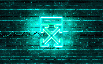 Off-white turquoise logo, , turquoise brickwall, Off-white logo, brands, Off-white neon logo, Off-white HD wallpaper