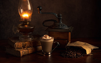 Coffee Still Life, glasses, books, coffee, lamp HD wallpaper