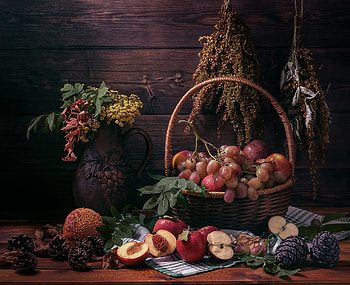 Still Life Fruit, fruit, still life, apples, grapes HD wallpaper