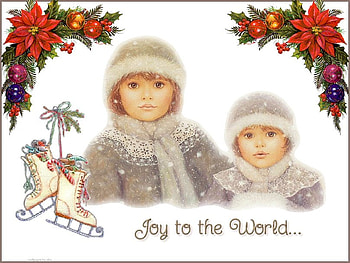 two sisters with christmas skates, sisters, children, merry christmas, joy to the world, ice skates, victorian, beautiful christmas poinsettias HD wallpaper