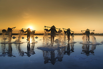 Salt farm, landscape, reflections, sunset HD wallpaper