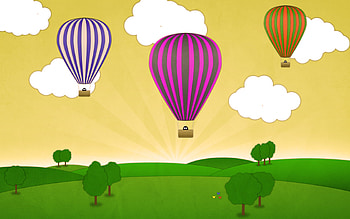 Flyaway Sunlight, abstract, clouds, trees, hot air balloons, sky, grass HD wallpaper