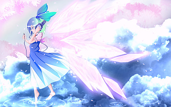 Cirno, sexy, wings, blue eyes, heads, ribbon, cute, blue hair, girl, anime, touhou, short hair HD wallpaper