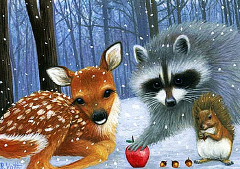 The Joy of Giving, winter, nuts, raccoon, artwork, painting, fawn, snow, trees, apple, forest, squirrel HD wallpaper