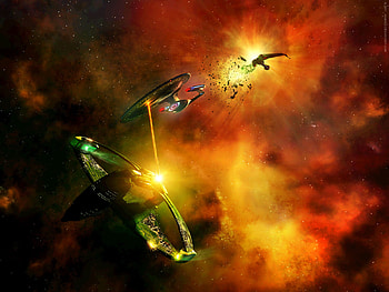 one down one to go, explosion, starship, firing, nebula, romulan warbirds HD wallpaper