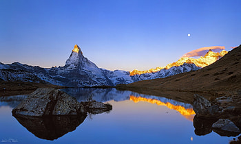 Moon and Sun, rocks, beauty, reflection, moon, sky, nature, mountains, sun, water HD wallpaper