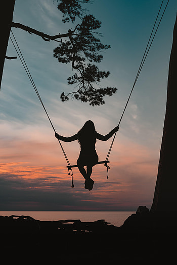 Sunset, Silhouette, Miscellanea, Miscellaneous, Branch, Girl, Swing HD phone wallpaper