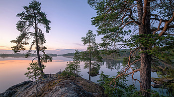 Lake Inari, Finnish Lapland, hills, trees, landscape, sky, water, reflections, sunset HD wallpaper