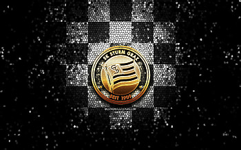 Sturm Graz FC, glitter logo, Austrian Bundesliga, white black checkered background, soccer, austrian football club, Sturm Graz logo, mosaic art, football, SK Sturm Graz, Austria HD wallpaper
