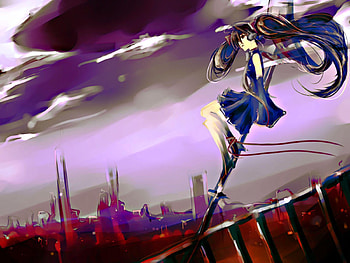 Hatsune Miku, blue, river, colorful, awesome, vocaloid, dress, beauty, nice, cuty, miku, skyscrapers, abstract, vocaloids, painting, hatsune, thighhighs, twintail, beautiful, anime, pretty, red, cool, bridge, clouds, sky HD wallpaper