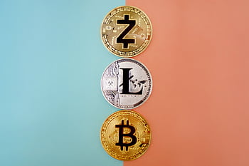 Colorful display of Zcash, Litecoin, and Bitcoin coins on gradient background. HD wallpaper