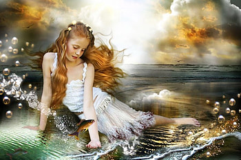 Little mermaid, blue, graphy, fair, red hair, dress, beach, waves, abstract, fish, female, sea, white, foam, grey, 3d cg, figure, girl, beautiful, woman, fantasy, pretty, manipulation, green, red, nature, girls, women HD wallpaper