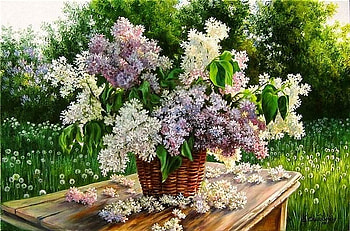 Window in the summer. E. Samara, still life, table, painting, art, flower, nature, e samara HD wallpaper