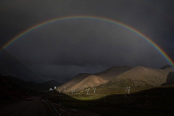 Rainbow in Tibet, Electric pylons, Tibet, 26 July 2017, Rainbow HD wallpaper