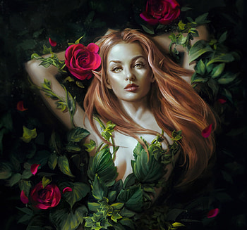 Earth elf, art, fantasy, green, girl, elf, aimee belynette, frumusete, dark, rose, ted, luminos HD wallpaper