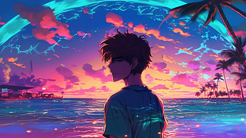Boy Vaporwave Sunset Glow Palm Trees Yacht Relaxing, anime-boy, anime, alone, vaporwave, ai, artist, artwork, digital-art HD wallpaper