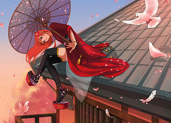 RoofTop, umbrella, kimono, yukata, sit, beauty, roof, lady, scenery, feather, sitting, wing, petals, scenic, maiden, roof top, female, wings, scene, dove, bird, kagura, house, girl, beautiful, anime girl, anime, building, pigeon, gintama, home HD wallpaper