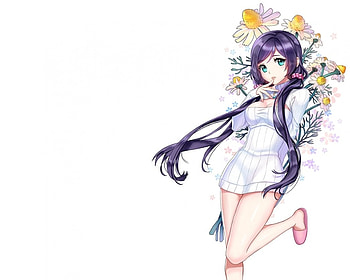 Toujou Nozomi, purple hair, cute, floral, long hair, shirt, nice, lady, cg, flower, maiden, , female, blossom, plain, sexy, sweet, white, girl, purple, kawaii, anime girl, simple, anime, pretty, yellow, lovely HD wallpaper