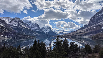 St Mary Lake, Glacier NP, Montana, trees, clouds, sky, mountains, usa HD wallpaper
