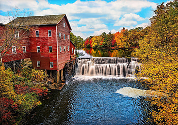 The Dells mill in Augusta, Wisconsin, river, colorful, mill, fall, beautiful, cascades, autumn, water, forest, foliage HD wallpaper