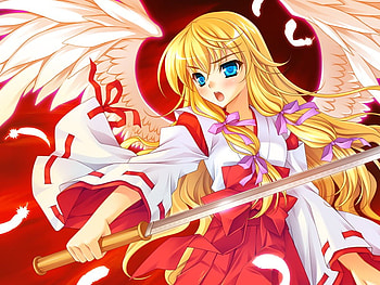 Saginomiya Hiori, kimono, feathers, blonde, ribbon, girl, angel, anime, weapon, bow HD wallpaper