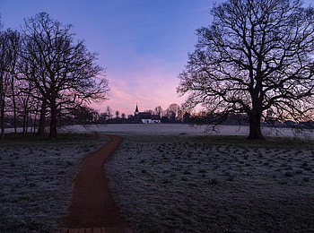 Nature, Trees, Sunset, Grass, Frost, Hoarfrost, Church HD wallpaper