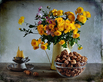 still life, bouquet, graphy, nice, candlestick, flower, , water, walnuts, nuts, beautiful, old, candle, pretty, yellow, cool, flowers, chrysanthemum, lovely, harmony HD wallpaper