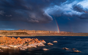 Rainbow at Sand Hollow Reservoir, reservoir, water, rainbow, sand hallow HD wallpaper