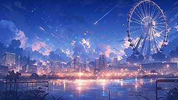 City Nightscape with Ferris Wheel, ferris wheel, Anime, city, anime city HD wallpaper