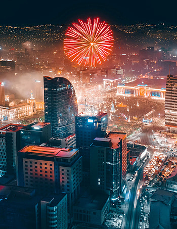 Holidays, Night, City, Building, Lights, View From Above, Firework, Fireworks HD phone wallpaper