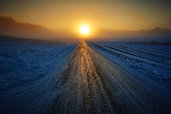 Winter, Nature, Sunset, Snow, Horizon, Road HD wallpaper