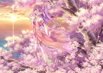 dom, cute, long hair, dress, beauty, lady, cherry tree, cherry blossom, sun, female, sunset, sweet, art, soft, girl, beautiful, pink hair, tree, woman, pink, anime, pretty, clouds, sky, t HD wallpaper