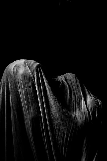A captivating monochrome of a draped figure against a dark background. HD phone wallpaper
