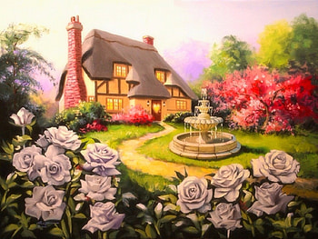 Roses Cottages, architecture, roses, attractions in dreams, garden, paintings, spring, houses, love four seasons, home, fountains HD wallpaper