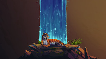 Water, Stones, Art, Waterfall, Tiger HD wallpaper