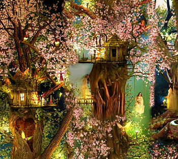 Tree Houses, magic, landscape, cute, beautiful, houses, beauty, tree, elfs, cherry tree, anime, girls, lovely, forest HD wallpaper