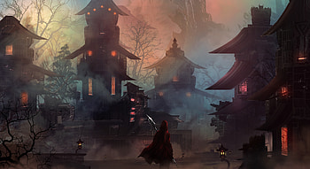 Fantasy, red hood, warrior, town, art HD wallpaper