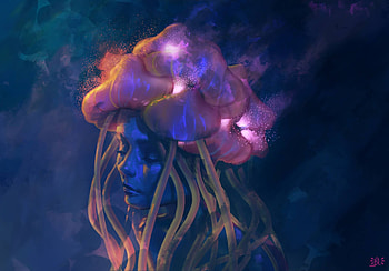 Jellyfish by Beatriz Lickfold, blue, art, beatriz lickfold, jellyfish, dark, summer, purple, fantasy, medusa, face, luminos, vara HD wallpaper