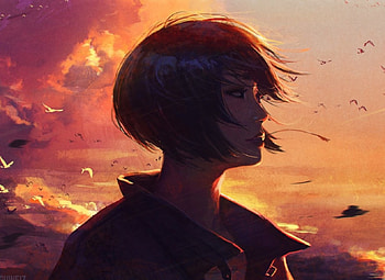 Sunset, black, birds, beauty, lady, abstract, short hair, female, art, landscape, soft, afternoon, beautiful, black hair, orange, woman, pink, fantasy, clouds, sky HD wallpaper
