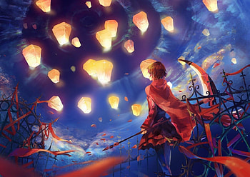 Ruby Rose, night, awesome, lanterns, red hair, beauty, nice, short hair, rwby, female, skirt, sweet, ribbon, beautiful, anime girl, scythe, anime, pretty, lights, red, cool, weapon, sky HD wallpaper