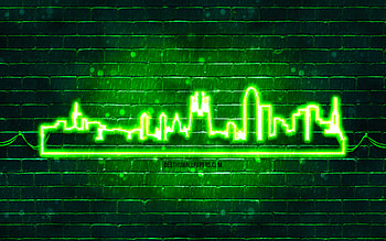 Barcelona green neon silhouette, , green neon lights, Barcelona skyline silhouette, green brickwall, spanish cities, neon skyline silhouettes, Spain, Barcelona silhouette, Barcelona HD wallpaper