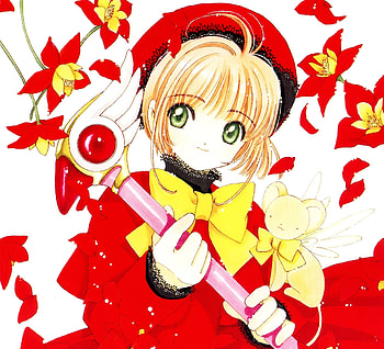 Red flowers, anime girl, green eyes, sakura kinomoto HD wallpaper