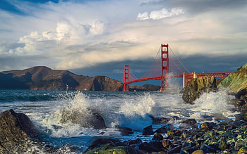 Golden Gate Bridge, America, rocks, splash HD wallpaper