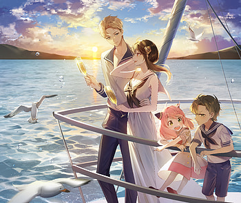 Spy x Family Sunset Sail: Yor, Loid, Anya & Damian in Stunning Ultra, Yor Forger, Loid Forger, Damian Desmond, Anya Forger, Anime, Spy x Family HD wallpaper